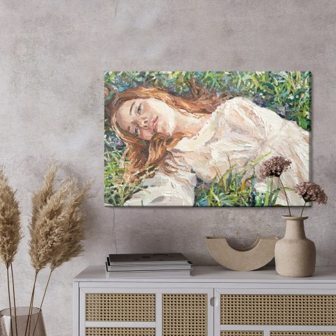 Obraz Na Płótnie .A Red-Haired Beauty, A Young Girl Lies And Dreams On The Field Among Various Summer Grasses And Wildflowers. O