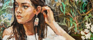 Obraz Na Płótnie A Young Girl Is Sitting In An Ethnic White Dress. The Background Depicts An Autumn Field With Flowers And Herbs