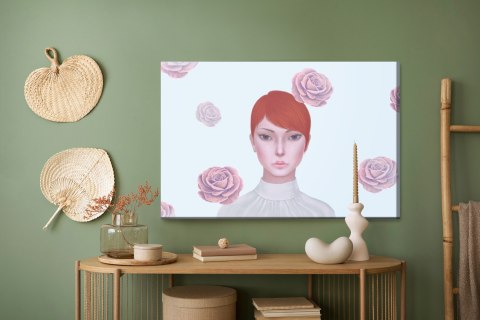 Obraz Na Płótnie Woman And Rose Flowers. Concept Idea Art Of Surreal, Mystery And Love. Conceptual 3D . Human And Nature. Portra