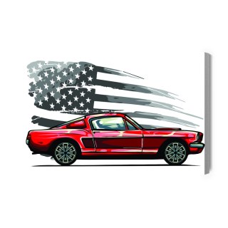 Obraz Na Płótnie Samochód Sportowy Na Szarym Tle Retro Flagi Usa