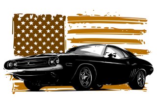 Obraz Na Płótnie Amerykański Muscle Car Na Tle Beżowej Flagi Usa