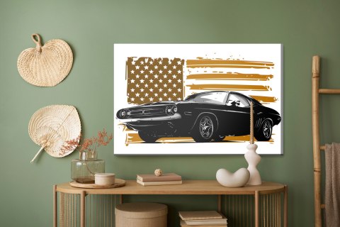 Obraz Na Płótnie Amerykański Muscle Car Na Tle Beżowej Flagi Usa