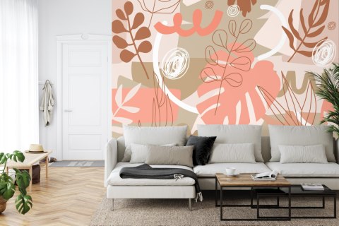Fototapeta Contemporary Collage Seamless Pattern. Terracotta Abstract Shapes, Tropical Leaves And Continuous Line Of Leaf. Textu