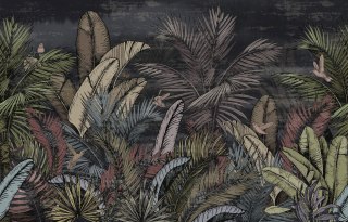 Fototapeta Pattern Wallpaper Jungle Tropical Drawings Of Palms Trees And Birds Of Different Colors With Birds And Black Backgrou