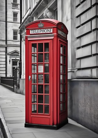 Plakat Czerwona Budka Telefoniczna Na Czarno Białej Ulicy