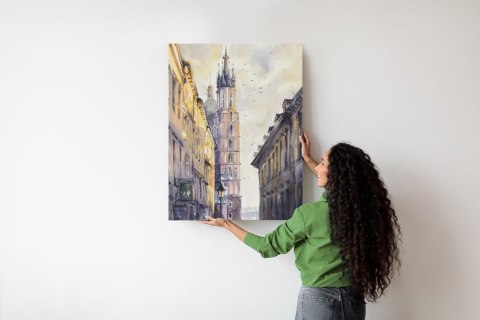 Plakat Florianska Street In Old Town, Kracow, Poland With Miariacki Church In Background.picture Created With Watercolors.