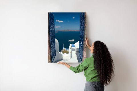 Plakat Santorini Niebieska Brama Z Widokiem Na Morze