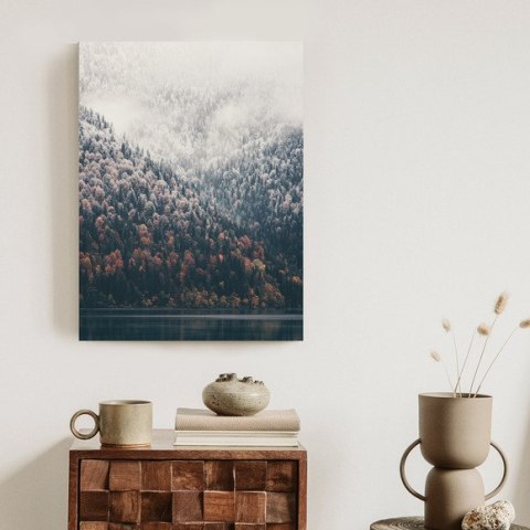 Plakat Mglisty Jesienny Las Nad Jeziorem