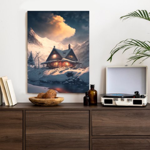 Plakat Zimowy Krajobraz Drewniana Chatka W Górskiej Dolinie