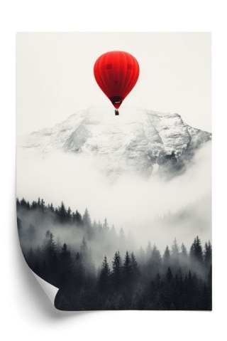 Plakat Czerwony Balon I Czarno Biały Krajobraz Górski We Mgle