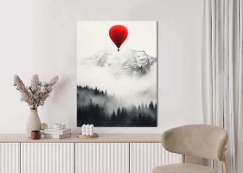 Plakat Czerwony Balon I Czarno Biały Krajobraz Górski We Mgle