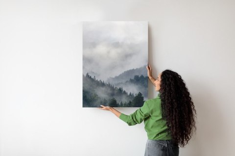 Plakat Drzewa Na Górskich Wzgórzach We Mgle
