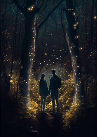 Plakat Para W Magicznym Lesie Nocą
