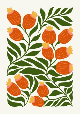 Plakat Minimalistyczne Czerwone Kwiaty I Zielone Liście