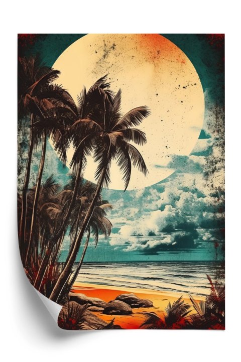 Plakat Tropikalna Plaża Słońce I Palmy Vintage