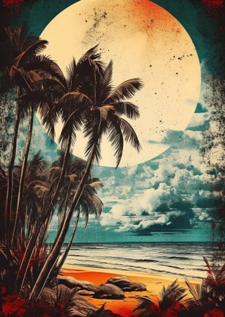 Plakat Tropikalna Plaża Słońce I Palmy Vintage