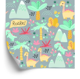 Tapeta Dla Dzieci, Dinozaury, Drzewa, Kwiaty, Góry