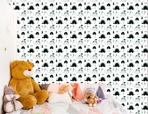 Tapeta Do Pokoju Dziecka Dinozaury, Drzewa, Chmury