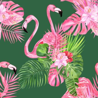 Tapeta Do Salonu Flamingi, Ptaki, Kwiaty, Zieleń
