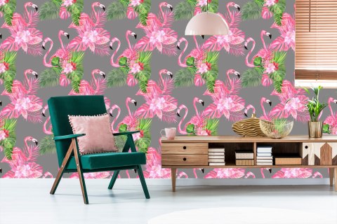 Tapeta Do Salonu, Flamingi, Ptaki, Zieleń, Liście