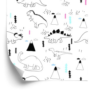Tapeta Dla Dzieci, Dinozaury, Chmury, Góry, Drzewa
