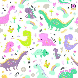 Tapeta Dla Dzieci, Dinozaury Kwiaty Kaktusy Tęcza