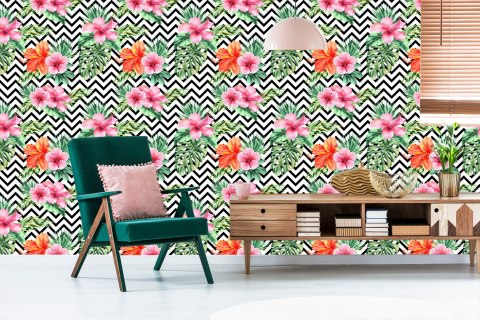 Tapeta Egzotyczne Liście I Kwiaty Na Czarno - Białym Tle