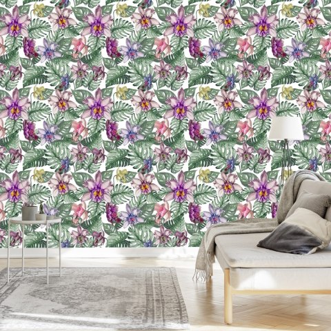 Tapeta Kolorowe Kwiaty Orchidei I Liście Monstery