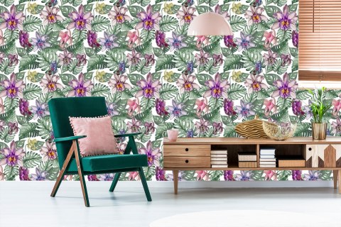 Tapeta Kolorowe Kwiaty Orchidei I Liście Monstery