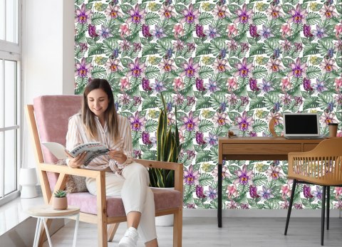 Tapeta Kolorowe Kwiaty Orchidei I Liście Monstery