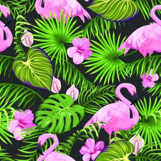 Tapeta Tropikalna - Flamingi, Liście I Kwiaty
