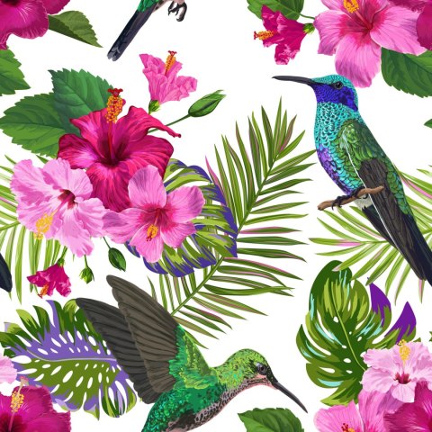 Tapeta Tropikalna - Kolorowe Kolibry, Liście I Kwiaty
