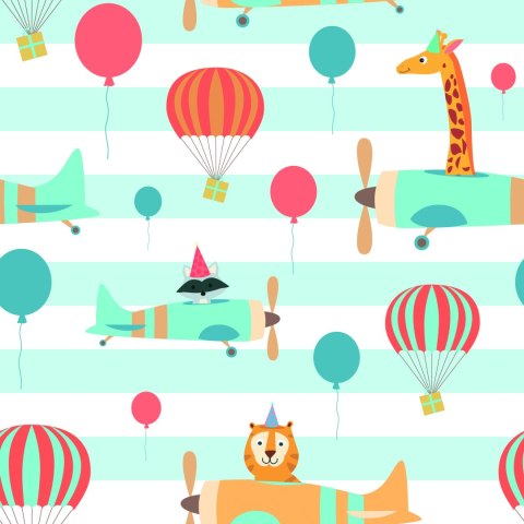 Tapeta Balony Samoloty Zwierzątka, Pokój Dziecięcy