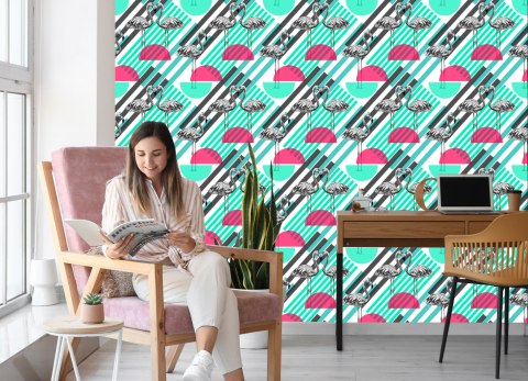Tapeta Flamingi I Geometryczne Wzory