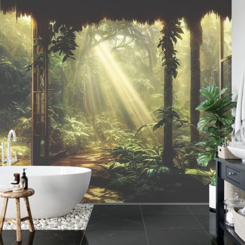Fototapeta A Large Arch-Shaped Window, A Portal In The Dark Mystical Forest, The Sun's Rays Pass Through The Window And Tre