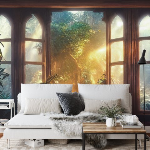 Fototapeta A Large Arch-Shaped Window, A Portal In The Dark Mystical Forest, The Sun's Rays Pass Through The Window And Tre
