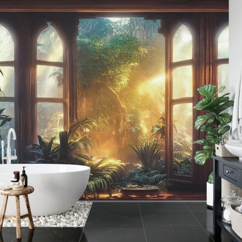 Fototapeta A Large Arch-Shaped Window, A Portal In The Dark Mystical Forest, The Sun's Rays Pass Through The Window And Tre