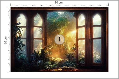 Fototapeta A Large Arch-Shaped Window, A Portal In The Dark Mystical Forest, The Sun's Rays Pass Through The Window And Tre