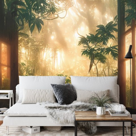 Fototapeta A Large Arch-Shaped Window, A Portal In The Dark Mystical Forest, The Sun's Rays Pass Through The Window And Tre