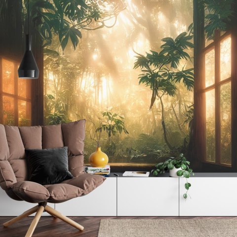 Fototapeta A Large Arch-Shaped Window, A Portal In The Dark Mystical Forest, The Sun's Rays Pass Through The Window And Tre