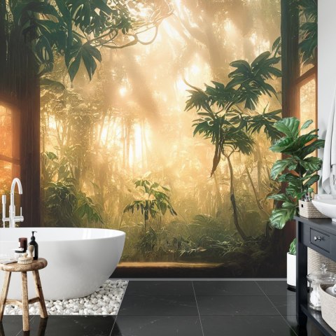 Fototapeta A Large Arch-Shaped Window, A Portal In The Dark Mystical Forest, The Sun's Rays Pass Through The Window And Tre