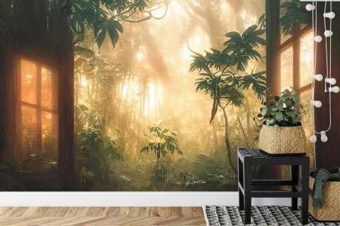 Fototapeta A Large Arch-Shaped Window, A Portal In The Dark Mystical Forest, The Sun's Rays Pass Through The Window And Tre