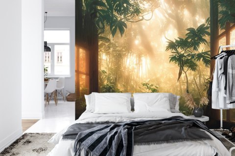 Fototapeta A Large Arch-Shaped Window, A Portal In The Dark Mystical Forest, The Sun's Rays Pass Through The Window And Tre
