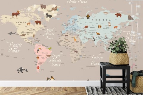 Fototapeta Animals World Map For Kids Wallpaper Design