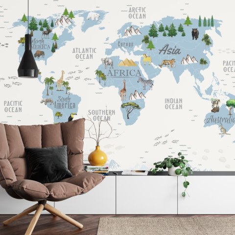 Fototapeta Animals World Map For Kids Wallpaper Design