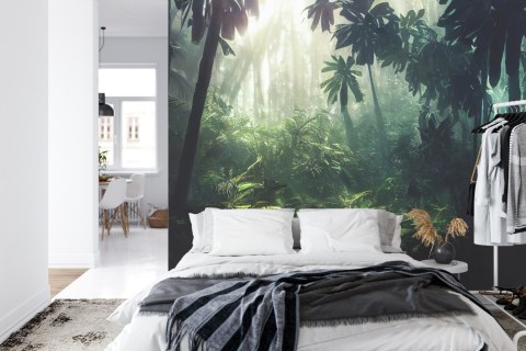 Fototapeta Dark Rainforest, Sun Rays Through The Trees, Rich Jungle Greenery. Atmospheric Fantasy Forest. 3D .