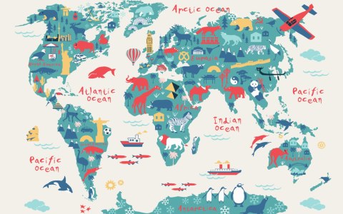 Fototapeta Map Of The World Wallpaper Design For Children's Room. Cute Design, Animals And Builds, Culture, Mural Art.