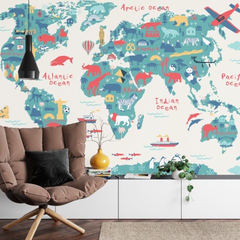 Fototapeta Map Of The World Wallpaper Design For Children's Room. Cute Design, Animals And Builds, Culture, Mural Art.