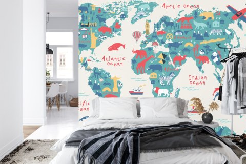 Fototapeta Map Of The World Wallpaper Design For Children's Room. Cute Design, Animals And Builds, Culture, Mural Art.