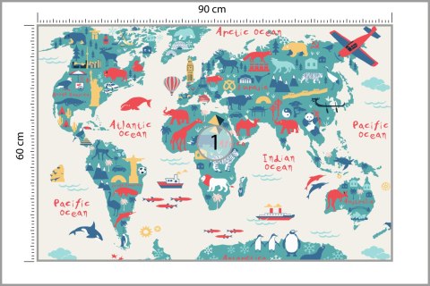 Fototapeta Map Of The World Wallpaper Design For Children's Room. Cute Design, Animals And Builds, Culture, Mural Art.